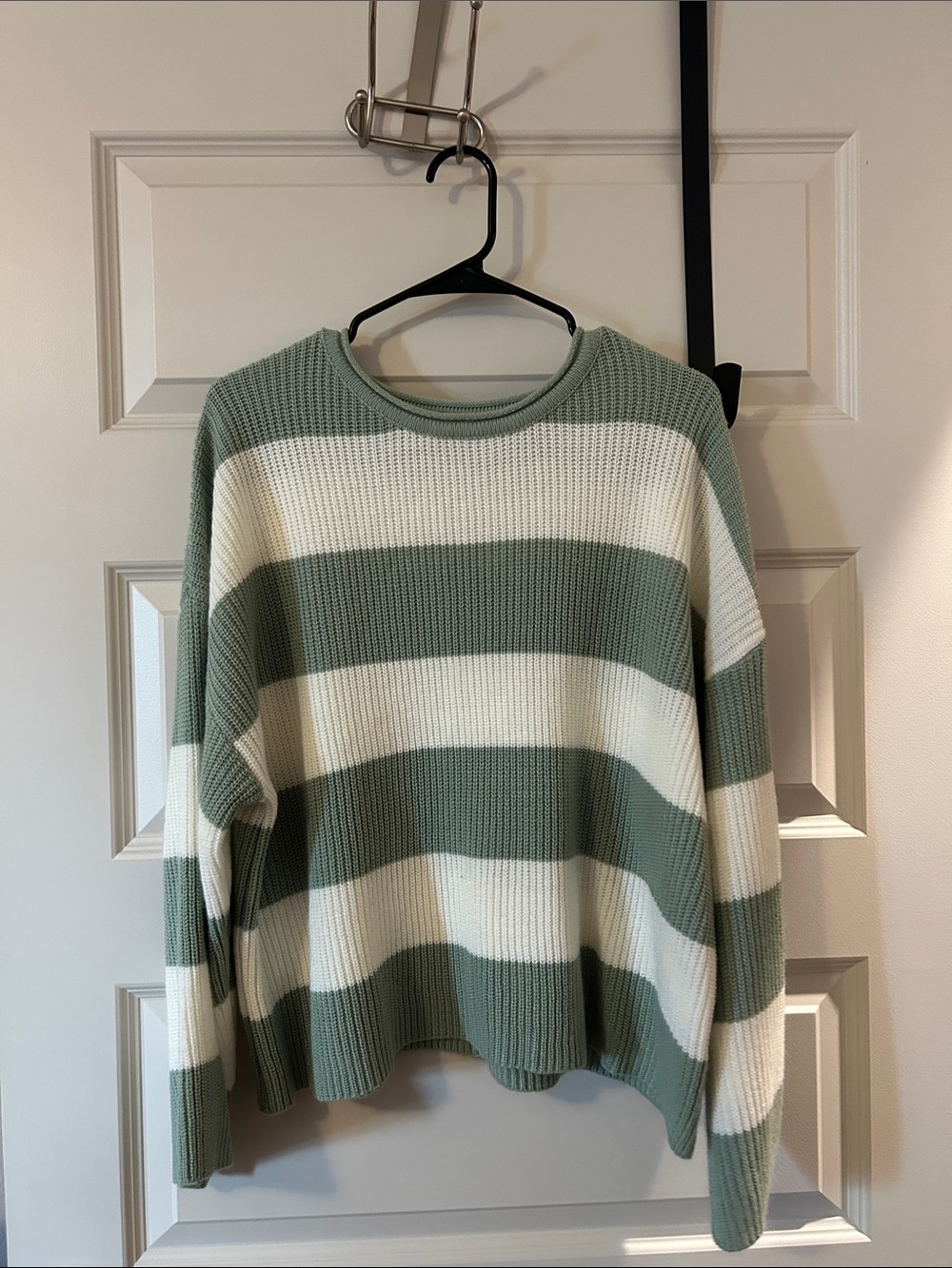 SHEIN Sage Green and Cream Striped Knit Sweater